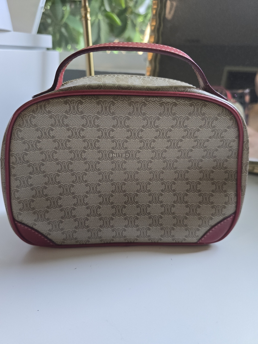 Vintage Celine Beige Monogram Canvas Cosmetic Case with Red LeatherTrim